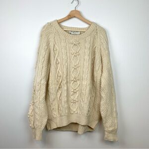 Hand Knitted Aran Wool Cable Sweater Ivory 3D Popcorn Sz 44 Scotland Fisherman